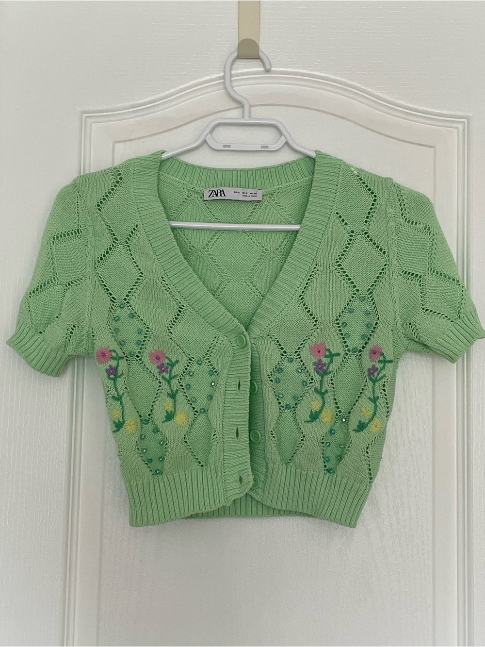 ZARA Mint Green V-Neck Short Sleeve Knit Cardigan with Floral Embroidery
